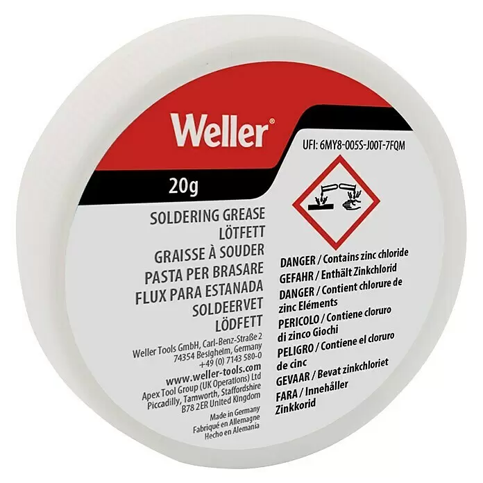 Weller Lötfett - 25 g - Runder, weißer Weller 20g Lötfettbehälter mit rot-schwarzem Etikett, das Warnhinweise und Produktdetails zeigt.