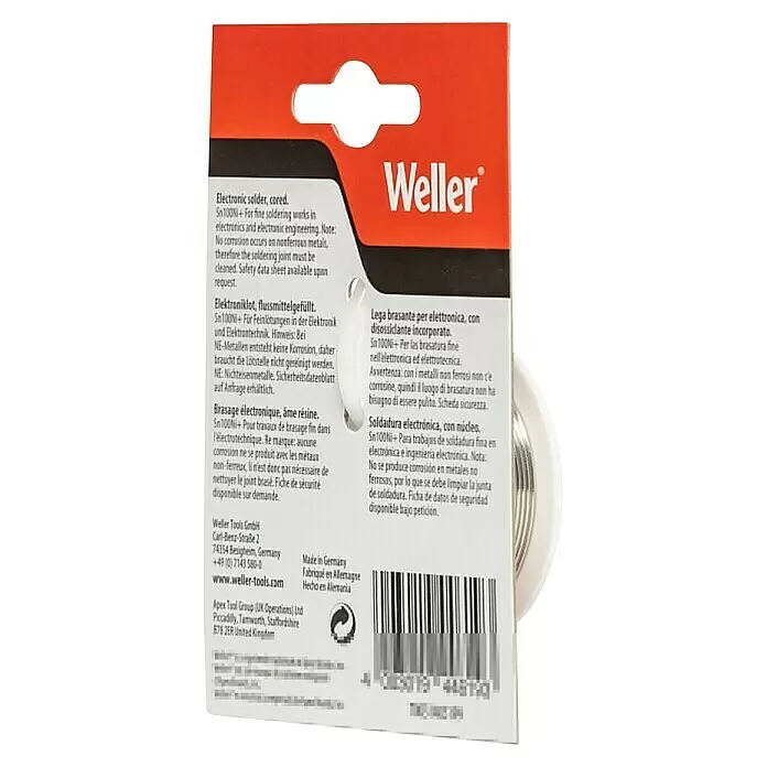 Weller Elektroniklot - Durchmesser: 1 mm, 70 g - Weller Elektronik-Lötdraht auf einer Spule, sichtbar durch rote und weiße Verpackung.