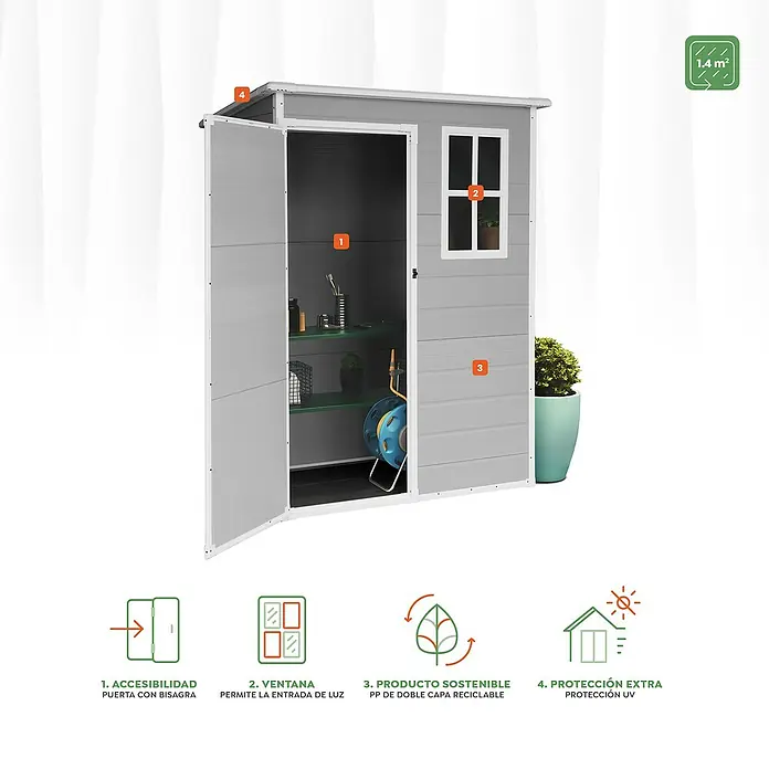 The Space Plus Caseta para jardín Flat 1.4 - Medidas ext. (An x Pr): 152 x 91 cm, Gris y Blanco, Plástico, Área: 1,36 m² - Imagen de una caseta de jardín, destacando características como la accesibilidad, la ventana, la sostenibilidad y la protección UV.
