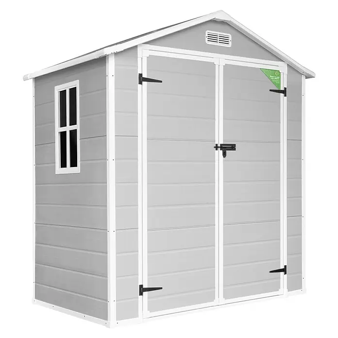 The Space Plus Caseta para jardín One 2.6 - Medidas ext. (An x Pr): 181 x 134 cm, Gris y Blanco, Plástico, Área: 2,39 m² - Imagen de un cobertizo de jardín gris con puertas dobles y una ventana. El cobertizo está hecho de plástico y tiene un techo a dos aguas.