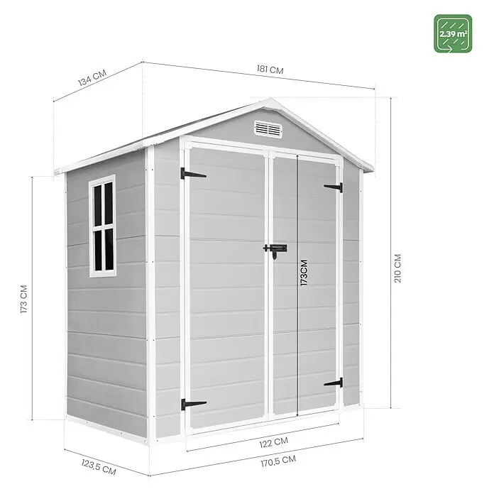The Space Plus Gerätehaus One 2.56 - Außenmaß inkl. Dachüberstand (B x T): 181 x 134 cm, Kunststoff, Grundfläche: 2,39 m² - Graues Gartenhaus mit mehreren Maßen, inkl. Gesamthöhe, Breite, Tiefe und Türhöhe, zeigt eine Grundfläche von 2,39 m².