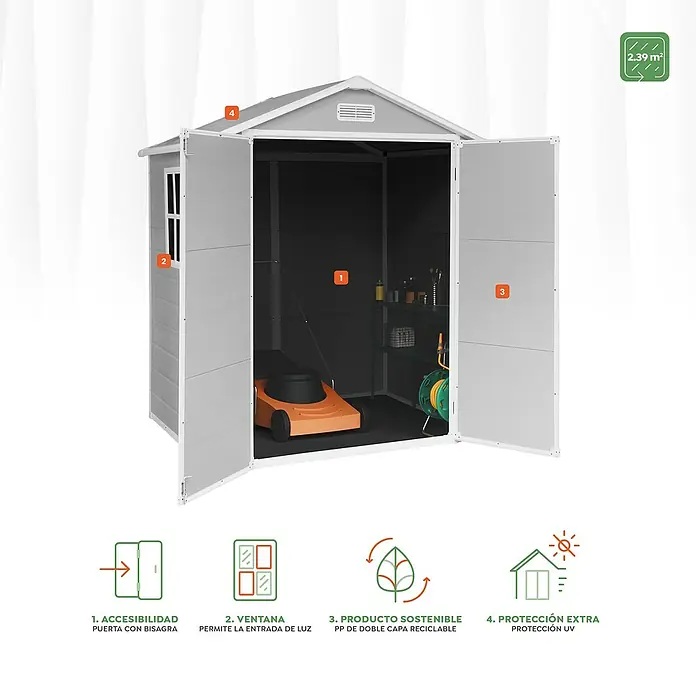 The Space Plus Caseta para jardín One 2.6 - Medidas ext. (An x Pr): 181 x 134 cm, Gris y Blanco, Plástico, Área: 2,39 m² - Imagen de un cobertizo de jardín gris abierto con un cortacésped y equipo de jardinería en el interior.