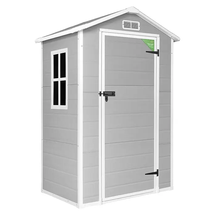 The Space Plus Caseta para jardín One 1.4 - Medidas ext. (An x Pr): 134 x 103 cm, Gris y Blanco, Plástico, Área: 1,37 m² - Una caseta de almacenamiento de jardín gris con detalles blancos, puerta con cerradura y una ventana pequeña.