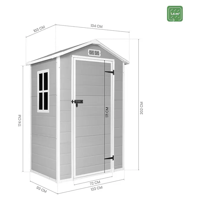 The Space Plus Caseta para jardín One 1.4 - Medidas ext. (An x Pr): 134 x 103 cm, Gris y Blanco, Plástico, Área: 1,37 m² - Imagen de un cobertizo para herramientas con especificaciones de tamaño. El cobertizo es gris y tiene una ventana y una puerta.