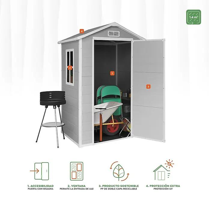 The Space Plus Caseta para jardín One 1.4 - Medidas ext. (An x Pr): 134 x 103 cm, Gris y Blanco, Plástico, Área: 1,37 m² - Imagen de una caseta de jardín gris con puerta abierta, parrilla y zona verde.