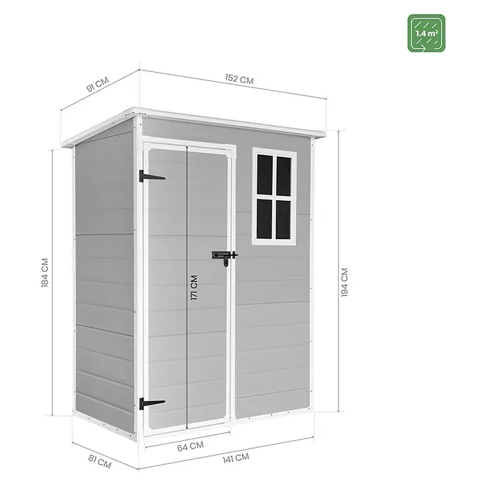 The Space Plus Gerätehaus Flat 1.4 - Außenmaß inkl. Dachüberstand (B x T): 152 x 91 cm, Kunststoff, Grundfläche: 1,36 m² - Abbildung eines grauen Gartenschuppens mit den Maßen 1,4 m², ideal zur Aufbewahrung von Gartengeräten und -möbeln.