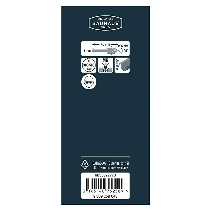 Craftomat Avellanador cónico - Ø x L: 12 x 40 mm - Detalles del producto: Calidad BAUHAUS, broca de 8 mm, longitud de 40 mm, diámetro de 12 mm, ángulo de 90°, tornillos M6, 300-500 rpm, use gafas de seguridad.