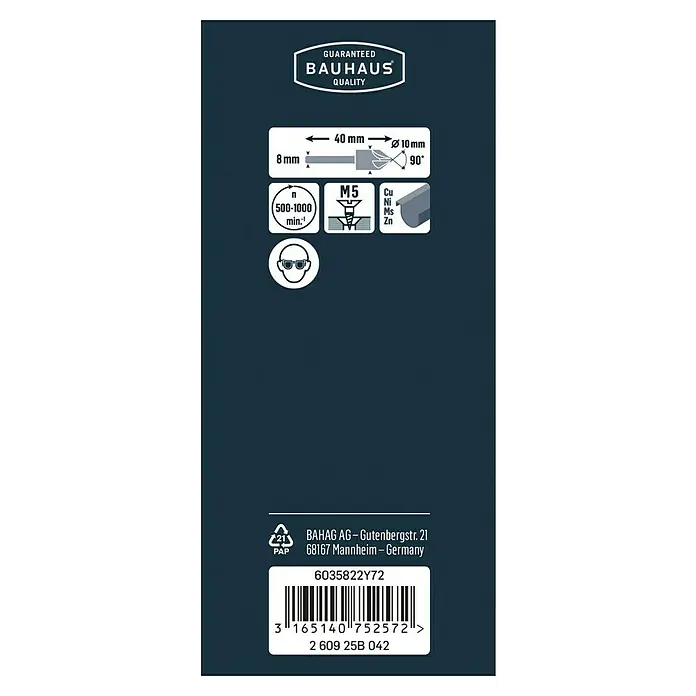 Craftomat Avellanador cónico - Ø x L: 10 x 40 mm - Imagen del embalaje del producto Bauhaus con datos técnicos de la broca, incluyendo especificaciones de tamaño y composición del material.