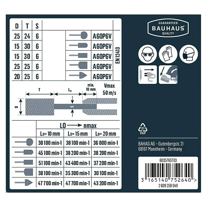 Craftomat Set de muelas - 5 pzs., Acero endurecido - Información del producto e instrucciones de seguridad para herramientas de esmerilado Bauhaus, incluidos los números de artículo y los símbolos de advertencia.