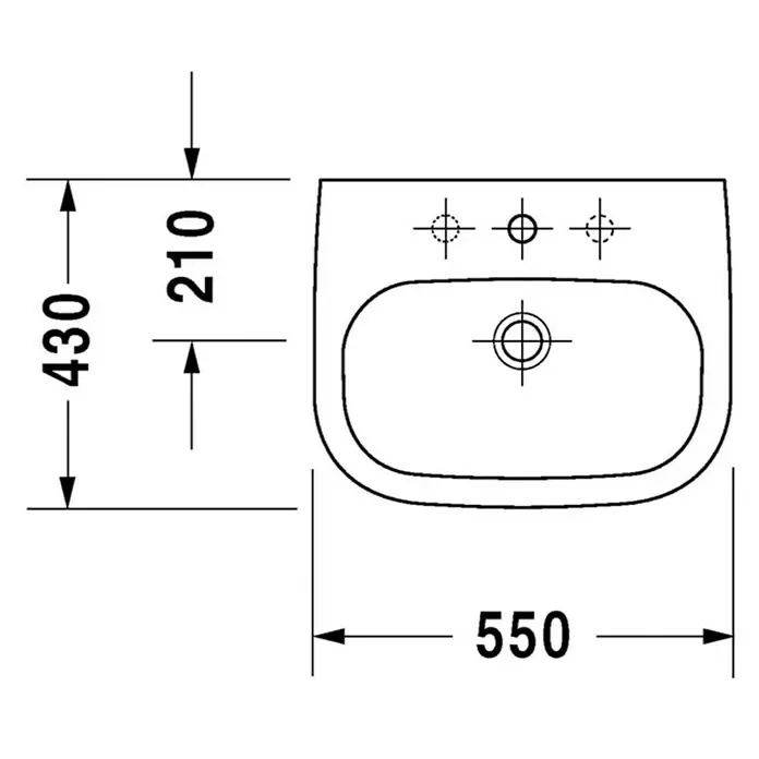 Duravit D-Code Waschtisch - 55 x 43 cm, Ohne Spezialglasur, Hahnloch: Mitte, Mit Überlauf, Weiß - Waschbecken-Draufsicht mit Bemaßung. Das Waschbecken ist 550mm breit und 430mm tief, die Armaturenbank ist 210mm tief.