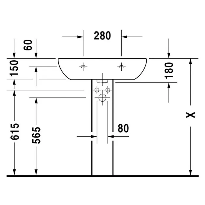 Duravit D-Code Waschtisch - 65 x 50 cm, Ohne Spezialglasur, Hahnloch: Mitte, Mit Überlauf, Weiß - Technische Zeichnung eines Waschtisches mit Maßangaben.