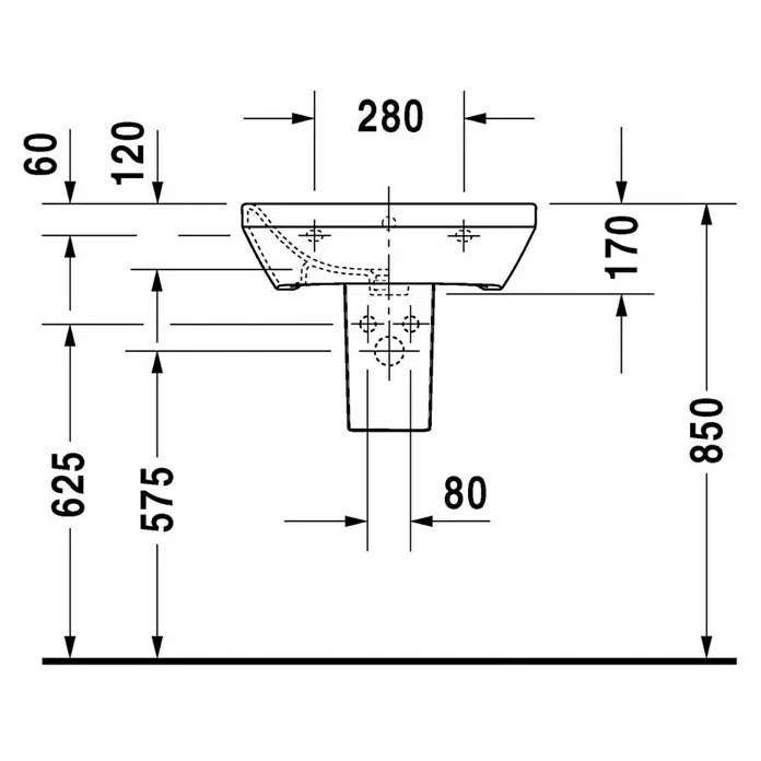 Duravit DuraStyle Waschtisch Typ 2 - 55 x 44 cm, Ohne Spezialglasur, Hahnloch: Mitte, Mit Überlauf, Weiß - Technische Zeichnung eines Waschbeckens mit den Maßen 280 mm Breite, 850 mm Höhe und einer Tiefe von 120 mm.