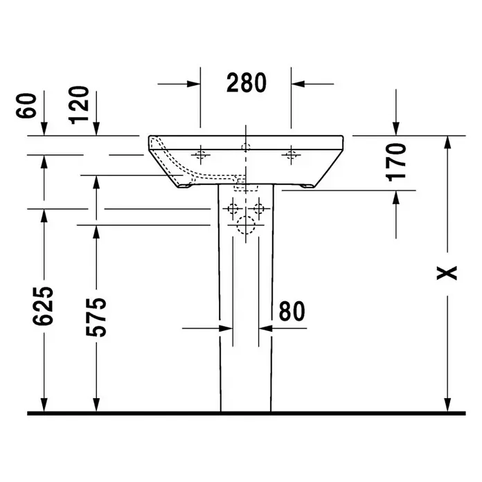 Duravit DuraStyle Waschtisch Typ 2 - 60 x 44 cm, Mit schmutzabweisender Glasur, Hahnloch: Mitte, Mit Überlauf, Weiß - Technische Zeichnung eines Waschbeckens mit Sockel, einschließlich detaillierter Maße für Breite, Höhe und Tiefe.