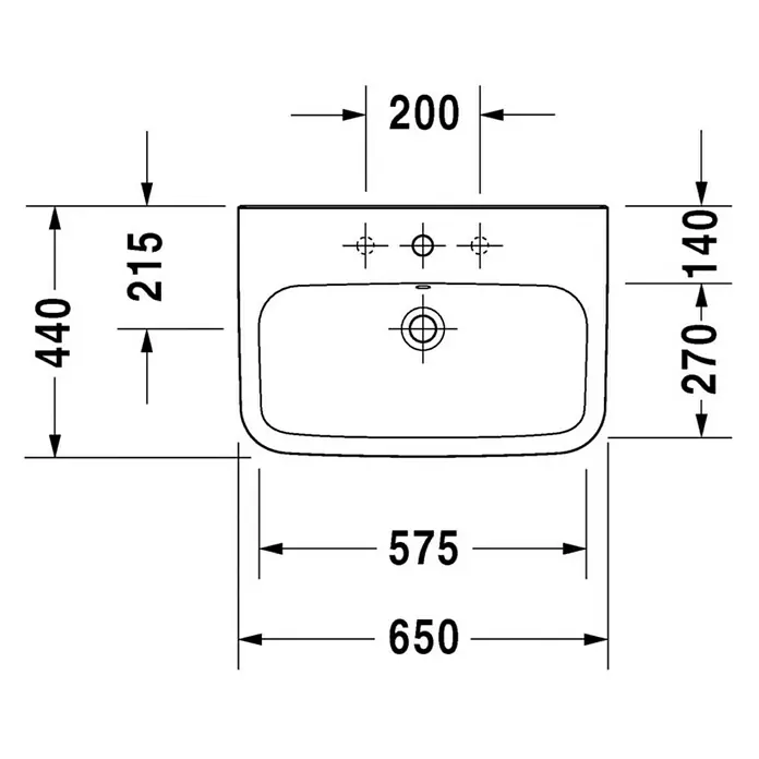 Duravit DuraStyle Waschtisch Typ 2 - 65 x 44 cm, Mit schmutzabweisender Glasur, Hahnloch: Mitte, Mit Überlauf, Weiß - Technische Zeichnung eines Aufsatzwaschbeckens mit Maßangaben zur detaillierten Planung des Badezimmers.