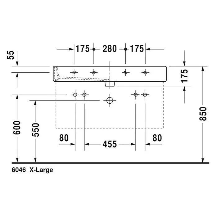 Duravit Vero Doppelwaschtisch - 120 x 47 cm, Ohne Spezialglasur, Hahnloch: Mitte, Mit Überlauf, Weiß, Ungeschliffen - Technische Zeichnung des Duravit 6046 X-Large Waschtischs mit detaillierten Maßangaben für Installation und Planung.