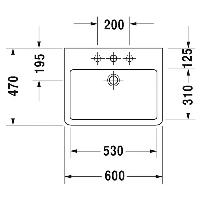 Duravit Vero Waschtisch - 60 x 47 cm, Ohne Spezialglasur, Hahnloch: Mitte, Mit Überlauf, Weiß, Geschliffen - Technische Zeichnung eines Waschbeckens mit Maßangaben für Installation und Design.