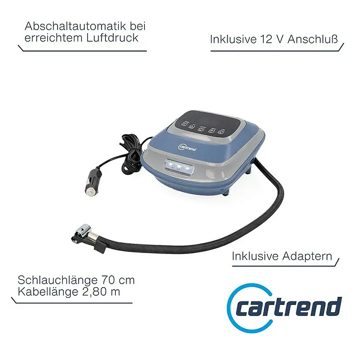 Cartrend Luftpumpe - 10 bar, 12 V - Das Bild zeigt einen blauen "cartrend" Luftkompressor mit Abschaltautomatik, 12 V Anschluss, Adaptern, 70 cm Schlauch und 2,80 m Kabel.