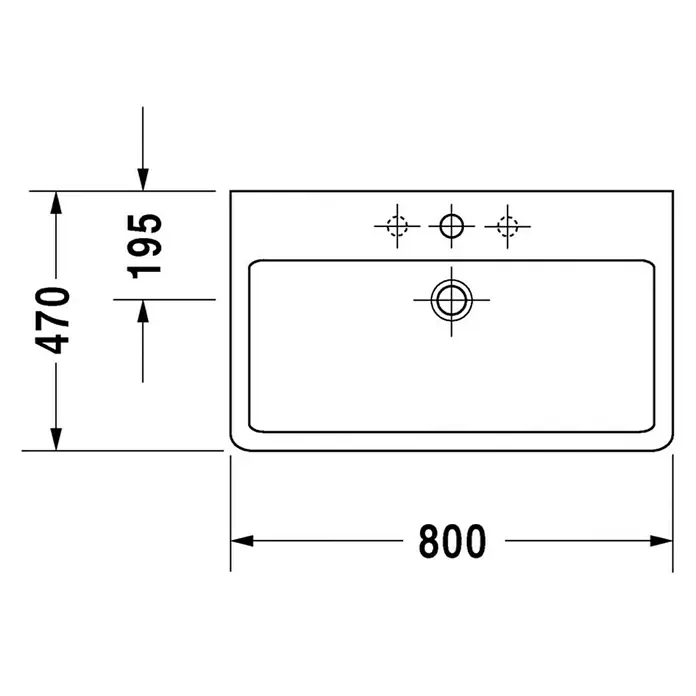 Duravit Vero Waschtisch - 80 x 47 cm, Mit schmutzabweisender Glasur, Hahnloch: Mitte, Mit Überlauf, Weiß, Ungeschliffen - Technische Zeichnung eines rechteckigen Waschbeckens mit den Maßen 800 x 470 mm und einem Hahnlochabstand von 195 mm.