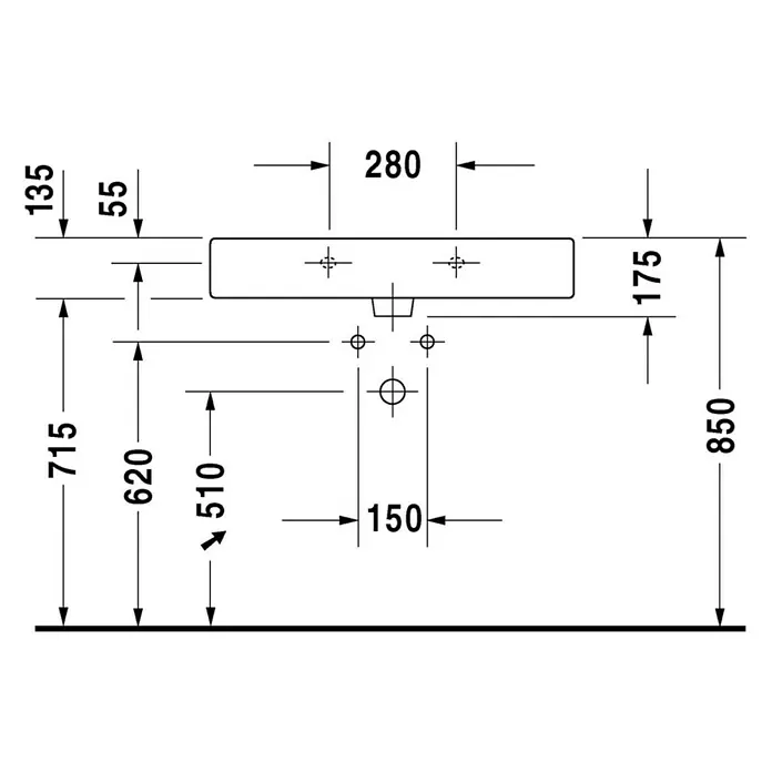 Duravit Vero Waschtisch - 80 x 47 cm, Mit schmutzabweisender Glasur, Hahnloch: Mitte, Mit Überlauf, Weiß, Ungeschliffen - Technische Zeichnung eines Waschtischs mit Maßangaben, die die Installationsdetails und Abmessungen zeigt.