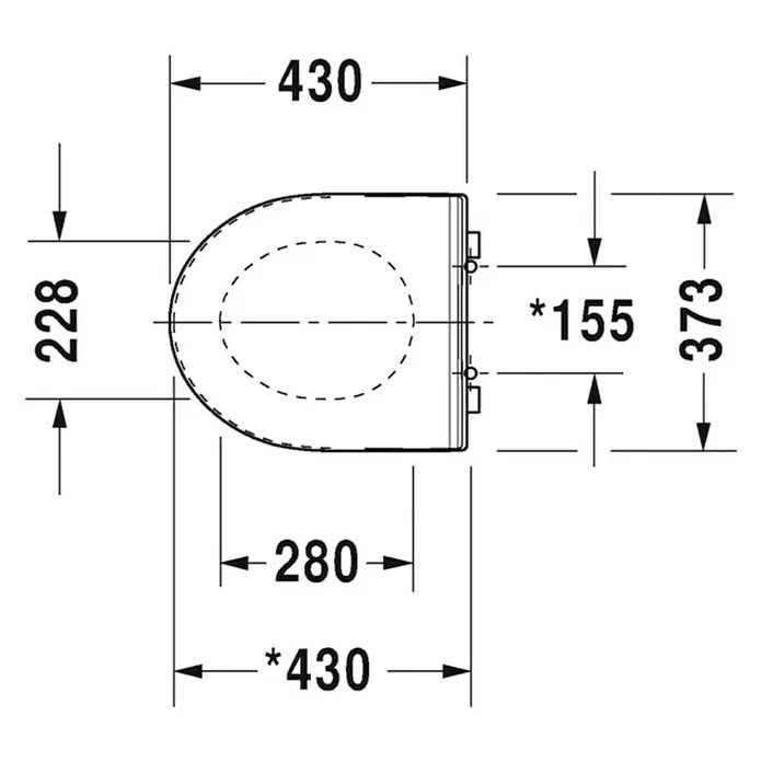 Duravit DuraStyle WC-Sitz - Duroplast, Weiß, Mit Absenkautomatik, Form WC-Sitz: D-Form - Schema des Duravit D-Neo WC-Sitzes mit den Maßen 430x373x228 mm für eine detaillierte Badplanung.
