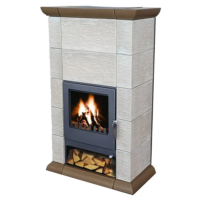 Domofire Kaminofen Cortina - 8 kW, Raumheizvermögen: 160 m³, Material Verkleidung: Keramik, Cremebeige-Tabakbraun - Attraktiver Kaminofen mit Holzfach und gemütlichem Feuer, perfekt für behagliche Wärme.