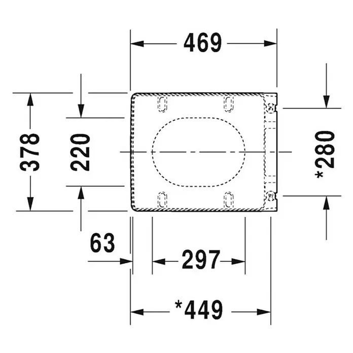 Duravit Vero WC-Sitz Air - Duroplast, Weiß, Mit Absenkautomatik - Technische Zeichnung eines Duravit D-Neo Wand-WC mit Maßangaben für Installation.
