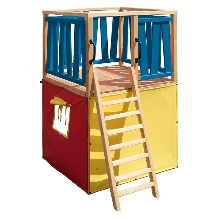 Kinderspielturm Funny - L x B x H: 140 x 100 x 160 cm - Bild eines bunten Spielhauses mit Leiter und blauem Geländer, ideal für Kinder zum Spielen und Entdecken im Garten.