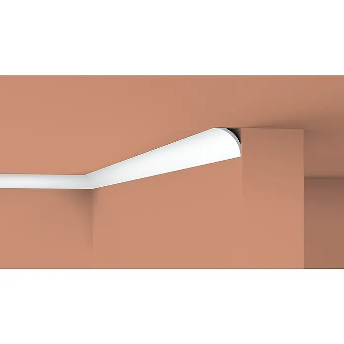 Nmc Decoflair Zierprofil Deckenleiste NE2 PURE - 2 m x 60 mm x 60 mm, Extrudiertes Polystyrol (XPS) - Detailaufnahme einer eleganten, weißen Zierleiste, die Wand und Decke stilvoll verbindet und eine moderne Raumatmosphäre schafft.