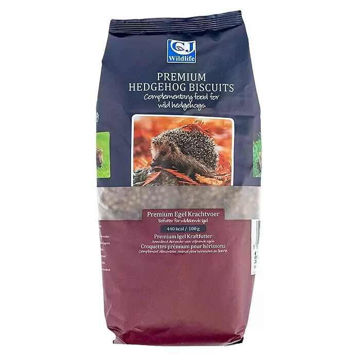 CJ Wildlife Igelfutter -  - Dunkelblaue und kastanienbraune Tüte CJ Wildlife Premium Igelkekse für Wildigel mit Igelbild und 440 kcal/100g.