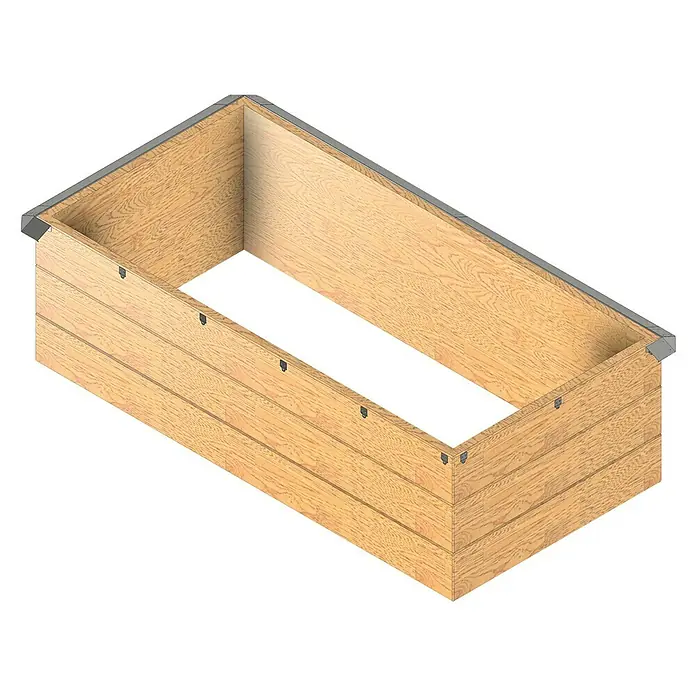 Bellissa Befestigungs-Set - 10 Stk., Passend für: Bellissa Schneckenblech - Das Bild zeigt einen erhöhten Gartenbeet-Bausatz aus Holz mit Metallecken, ideal für den Gartenbau und zur Gestaltung von Außenbereichen.