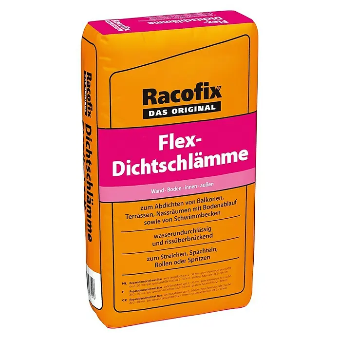 Racofix Flex-Dichtschlämme - 10 kg - Das Bild zeigt einen Sack Racofix Flex-Dichtschlämme, ein Produkt zur Abdichtung von Balkonen, Terrassen und Schwimmbecken.