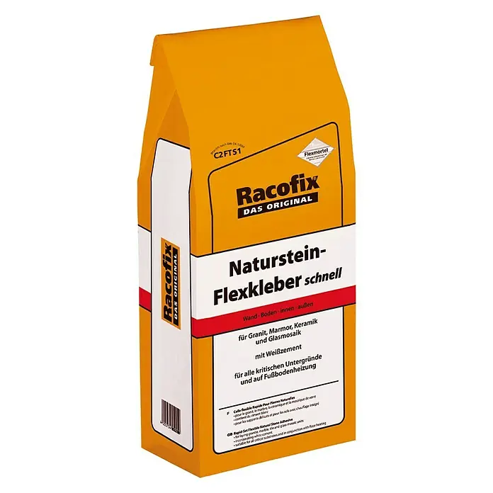 Racofix Flexkleber - 5 kg - Das Produkt ist Racofix Naturstein-Flexkleber schnell, ein schnell härtender Kleber für Natursteine, Fliesen und Mosaike.