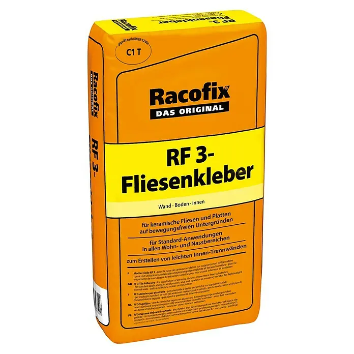 Racofix Fliesenkleber RF-3 - 25 kg - Bild eines Sacks Racofix RF 3-Fliesenklebers, geeignet für keramische Fliesen und Platten im Innenbereich.