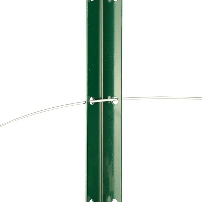 Bellissa Pflanzstab Timo - Länge: 150 cm - Detailaufnahme eines grünen Zaunpfostens mit Drahtbefestigung, ideal für Garten- und Landschaftsbauprojekte.