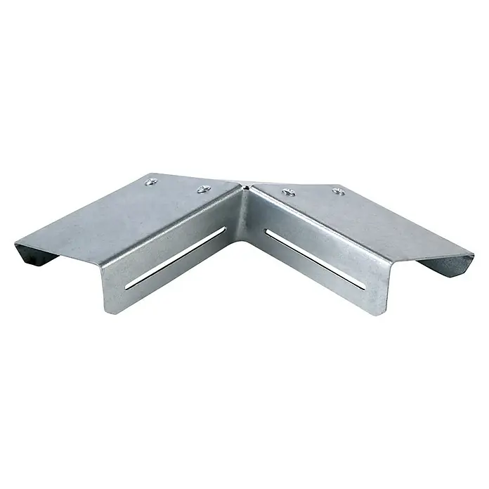 Bellissa Schneckenblech Eckteil - 21 x 10,5 x 3,5 cm - Ein detailreiches Bild einer verzinkten Kabelrinnen-Eckverbindung, die Stabilität und eine 90-Grad-Wendung für Kabelführungen bietet.