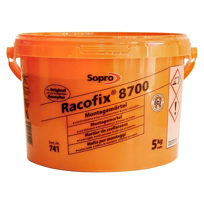 Racofix Schnellmontagemörtel 8700 - 5 kg - Eimer Racofix 8700 Montage Mörtel von Sopro, schnell härtend und korrosionshemmend, für Innen- und Außenbereich, 5kg Netto Gewicht.