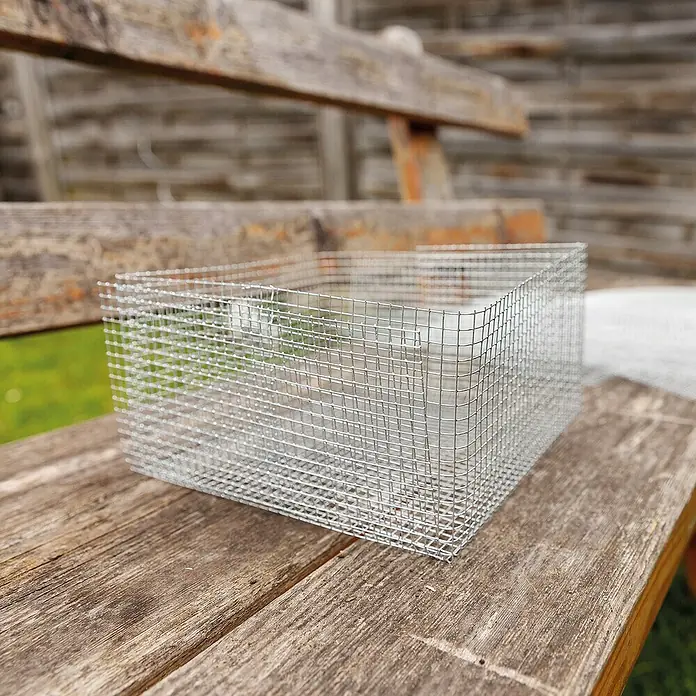 Bellissa Blumenzwiebel-Pflanzschale - 5 Stk., 15 x 15 x 11 cm - Drahtkorb auf einer Holzbank. Der Korb ist quadratisch und aus silberfarbenem Draht gefertigt. Geeignet für Gartenarbeiten oder Dekoration.