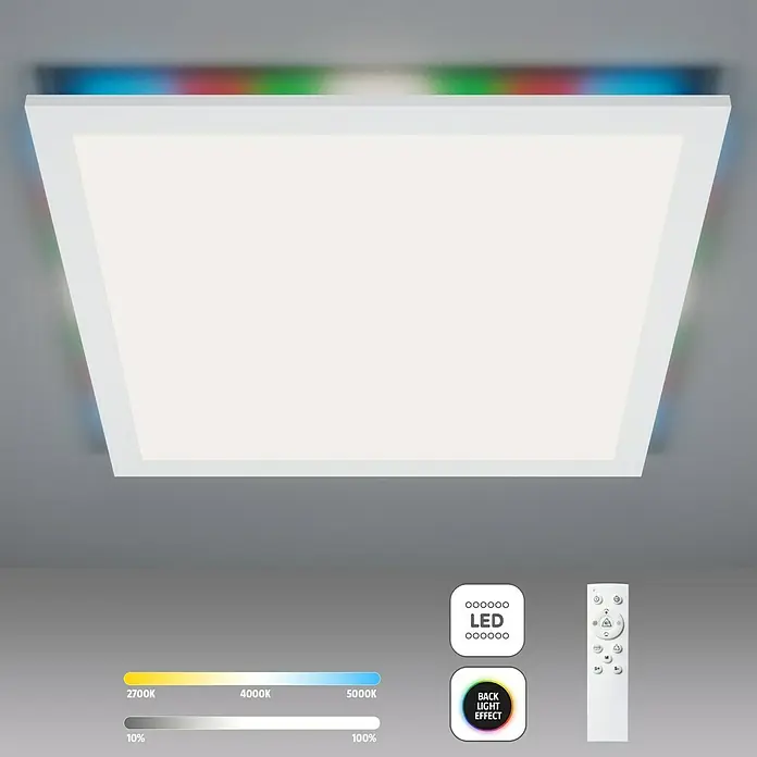 Brilliant LED-Deckenleuchte Tanida eckig - 22 W, L x B x H: 42 x 42 x 2,6 cm, Weiß, Kaltweiß - Eine quadratische LED-Deckenleuchte mit Farbwechselfunktion und Fernbedienung, die eine stimmungsvolle Beleuchtung ermöglicht.
