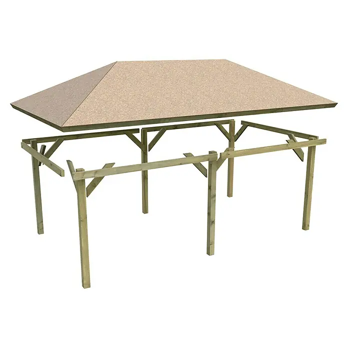 Karibu Pavillon Perida Set - 485 x 345 cm, Schwarz, Natur - Bild eines Holzpavillons mit Flachdach. Der Pavillon besteht aus hellen Holzpfosten und einem beigen Dach.