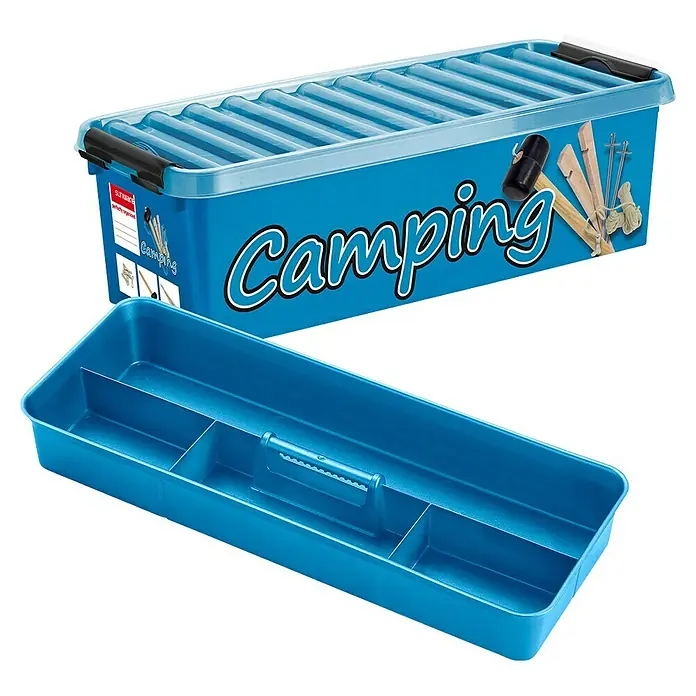 Sunware Aufbewahrungsbox Q-Line - L x B x H: 48,5 x 19 x 14,7 cm, Kunststoff, Blau - Camping-Aufbewahrungsbox aus blauem Kunststoff mit Griffen und Deckel für Campingausrüstung, darunter Heringe, Hammer und mehr.