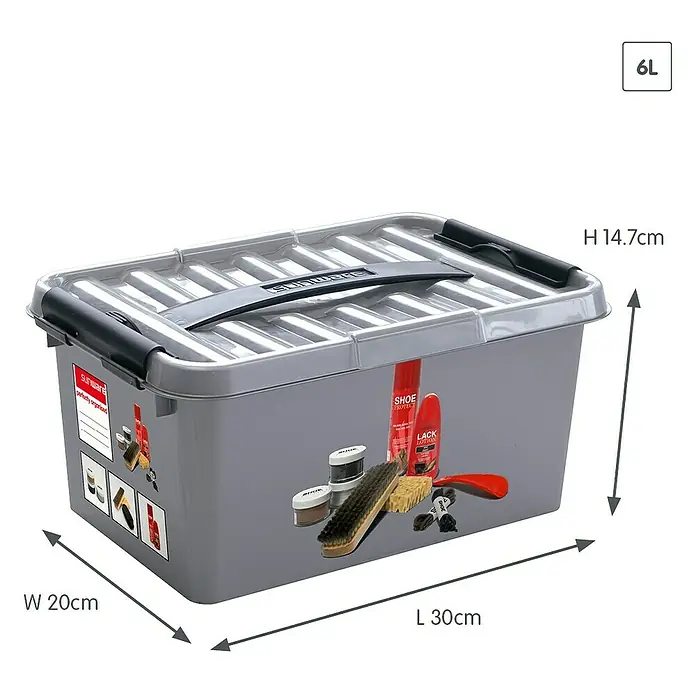 Sunware Schuhbox Q-Line - L x B x H: 30 x 20 x 14 cm, Kunststoff - Graue Aufbewahrungsbox mit Deckel und den Maßen 30 x 20 x 14,7 cm, ideal zur Schuhpflege.