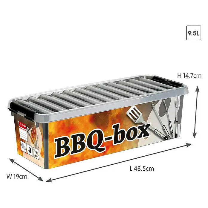 Sunware Aufbewahrungsbox Q-Line - L x B x H: 48,5 x 19 x 14,7 cm, Kunststoff, Mehrfarbig - Abbildung einer rechteckigen "BBQ-Box" aus Kunststoff mit den Maßen 48,5 x 19 x 14,7 cm und einem Fassungsvermögen von 9,5 Litern.