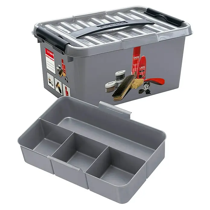 Sunware Schuhbox Q-Line - L x B x H: 30 x 20 x 14 cm, Kunststoff - Die graue Schuhputzbox mit herausnehmbarem Einsatz bietet praktische Aufbewahrung für Schuhpflegeprodukte.