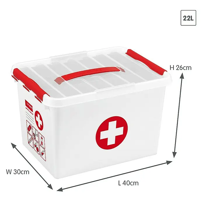Sunware Erste-Hilfe-Box Q-Line - L x B x H: 40 x 30 x 26 cm, Kunststoff - Abbildung einer 22-Liter-Medizinbox mit roten Akzenten und Dimensionsangaben.