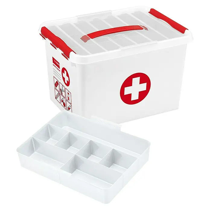 Sunware Erste-Hilfe-Box Q-Line - L x B x H: 40 x 30 x 26 cm, Kunststoff - Ein Erste-Hilfe-Kasten aus Kunststoff mit rotem Kreuz und herausnehmbarer Sortierschale zur Aufbewahrung von Medikamenten und Verbandszeug.