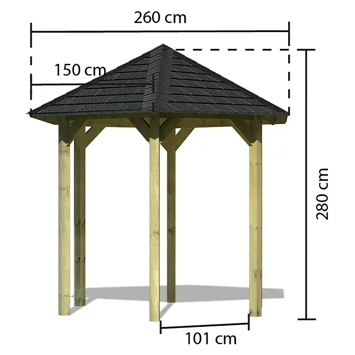 Karibu Pavillon Lissabon Set - Durchmesser: 299 cm, Schwarz, Natur - Bild eines Pavillons mit den Maßen 260 cm Breite, 150 cm Dachhöhe, 280 cm Gesamthöhe und 101 cm Standfußbreite.