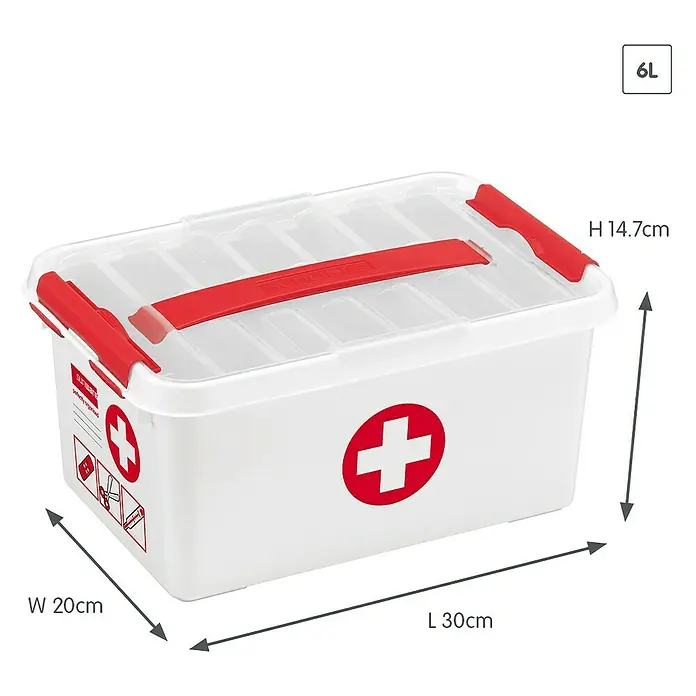 Sunware Erste-Hilfe-Box Q-Line - L x B x H: 30 x 20 x 14 cm, Kunststoff - Eine weiße Erste-Hilfe-Box aus Kunststoff mit rotem Kreuz, Griff und Verschlüssen. Die Box hat ein Fassungsvermögen von 6 Litern.