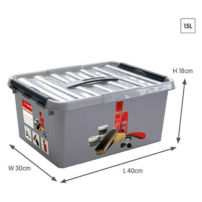 Sunware Schuhbox Q-Line - L x B x H: 40 x 30 x 18 cm, Kunststoff - Bild einer grauen 15L Sunware-Aufbewahrungsbox mit den Maßen 40x30x18 cm, ideal für die Organisation von Schuhen und anderen Gegenständen.