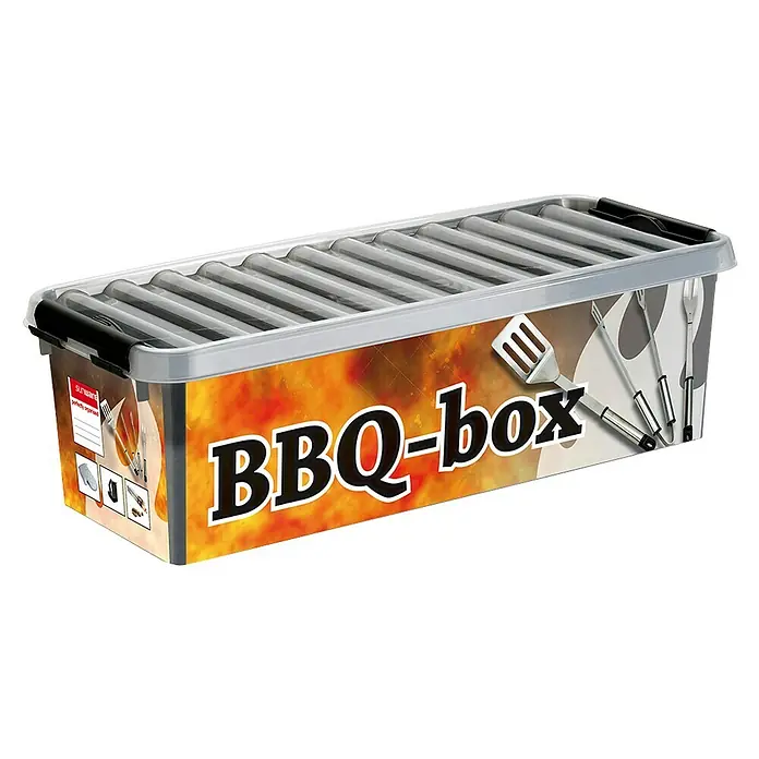 Sunware Aufbewahrungsbox Q-Line - L x B x H: 48,5 x 19 x 14,7 cm, Kunststoff, Mehrfarbig - BBQ-Box aus Kunststoff mit Grillmuster auf dem Deckel und Aufdruck von Grillutensilien, ideal für die Aufbewahrung von Grillzubehör.