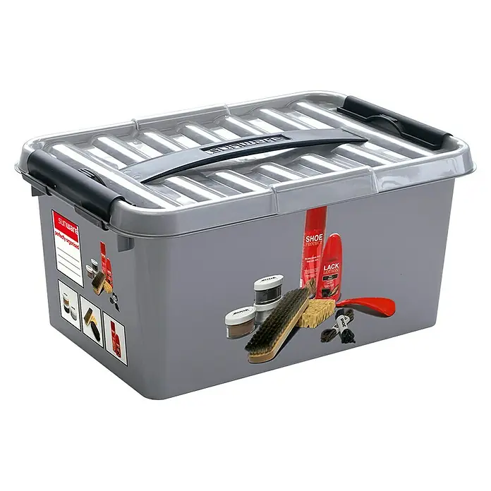 Sunware Schuhbox Q-Line - L x B x H: 30 x 20 x 14 cm, Kunststoff - Graue Sunware Aufbewahrungsbox mit Deckel, ideal für die Organisation von Schuhen und Schuhpflegeprodukten. Praktische Ordnungslösung!